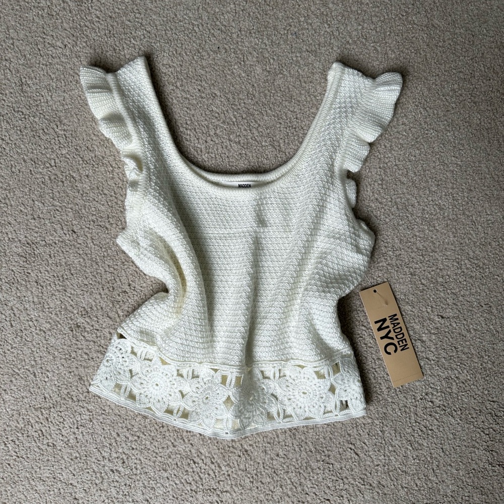 Cream Cropped Crochet Knut Flutter Sleeve Tank Top
